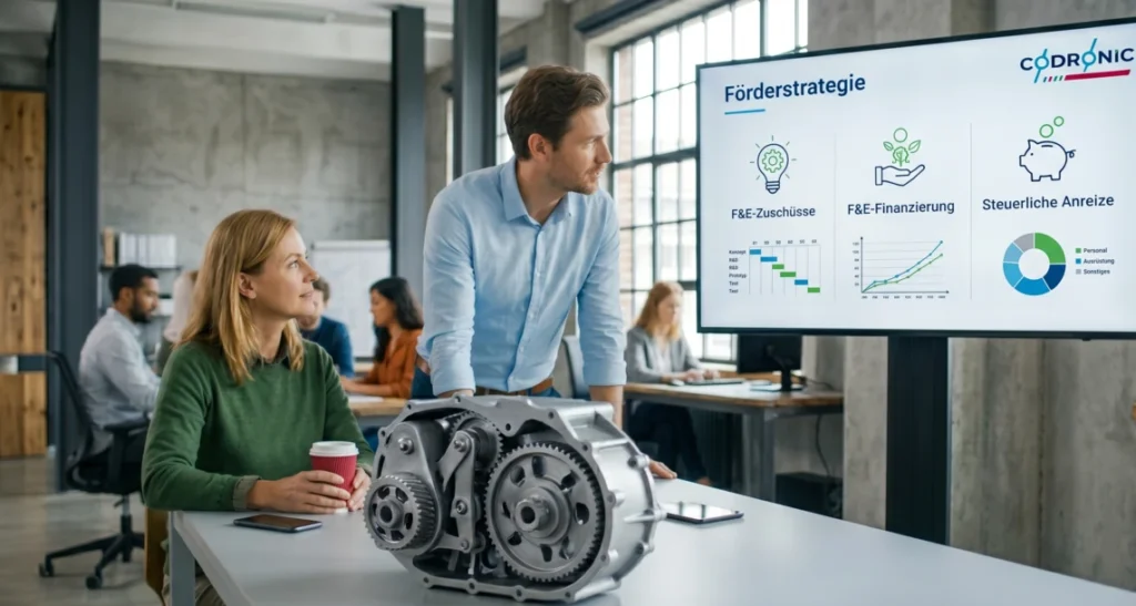 Ein Mann und eine Frau betrachten in einem modernen Büro einen innovativen technischen Prototyp auf einem Tisch und einen Monitor mit der Überschrift „Förderstrategie“ sowie Informationen zu F&E-Zuschüssen, F&E-Finanzierung und steuerlichen Anreizen von Codronic.