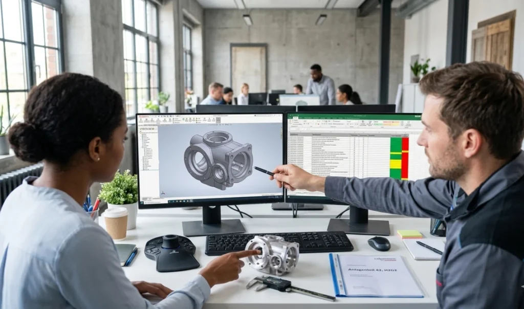 Zwei Ingenieure bei der kooperativen Arbeit an einem CAD-Modell und einer Risikobeurteilung am Doppelbildschirm in einem modernen Büro, auf dem Schreibtisch liegen ein gefertigtes Bauteil, ein Messschieber und technische Unterlagen.