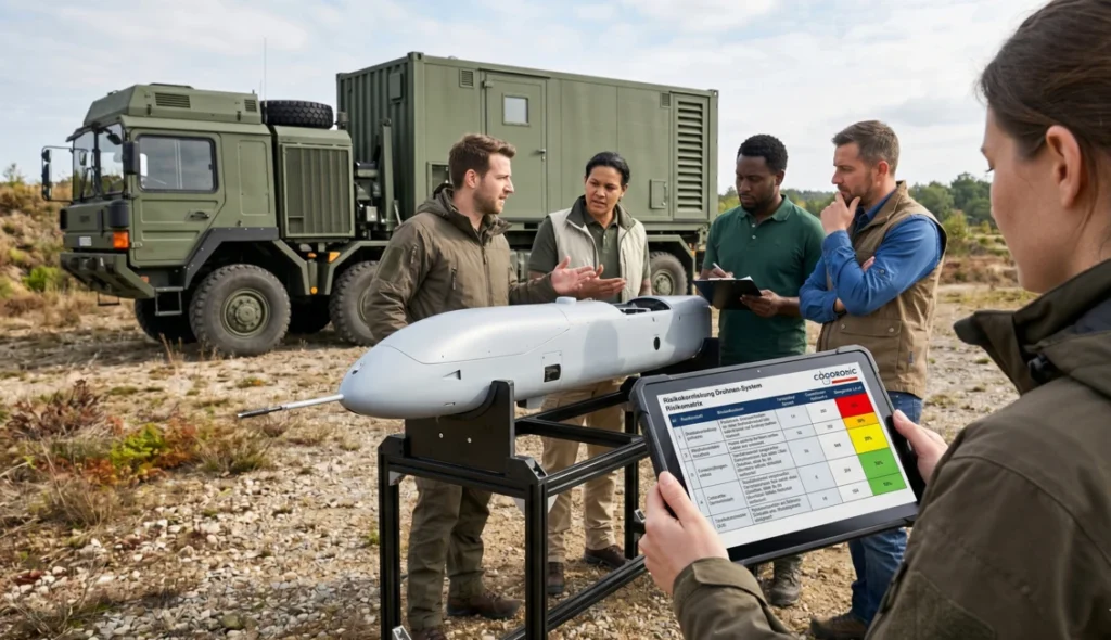 Fünf Personen stehen in einem Außengelände um eine graue Drohne auf einem Metallstativ. Links steht ein großer, olivgrüner Militärlastwagen mit einem Containeraufbau. Im Vordergrund rechts blickt eine Person auf ein Tablet, auf dem eine Tabelle mit dem Titel „Risikobeurteilung Drohnen-System“ zu sehen ist, die Ergebnisse in Rot, Gelb und Grün zeigt.
