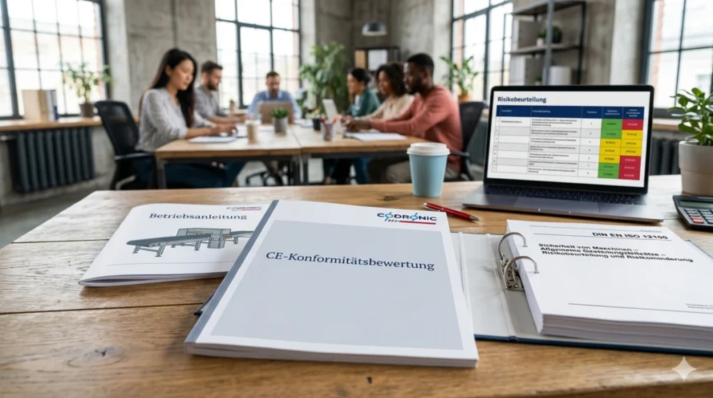 Technische Dokumente zur CE-Konformitätsbewertung, Betriebsanleitung und Risikobeurteilung nach DIN EN ISO 12100 auf einem Schreibtisch mit Laptop im Hintergrund einer Bürobesprechung.