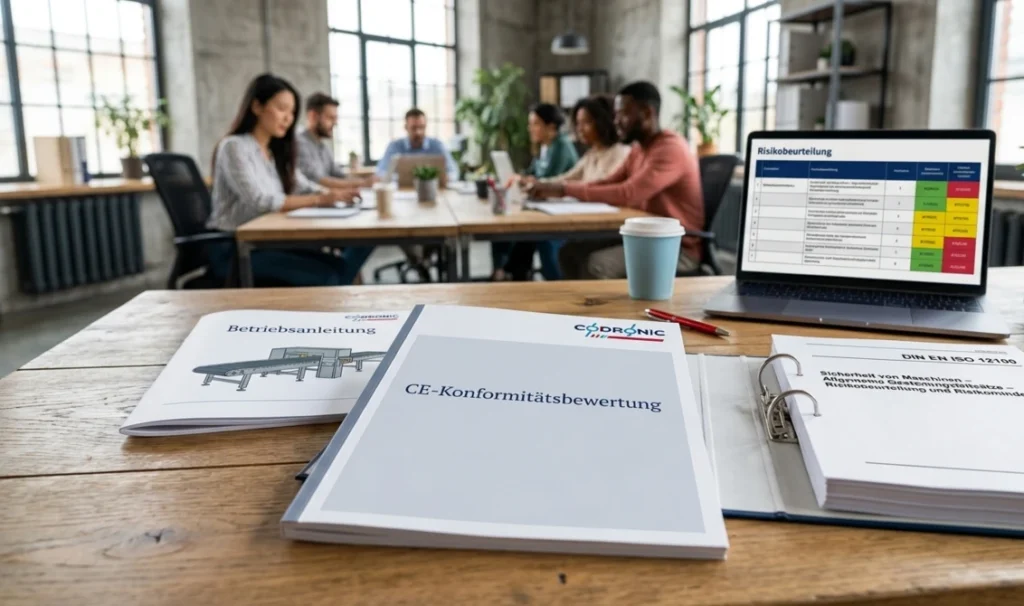 Technische Dokumente zur CE-Konformitätsbewertung, Betriebsanleitung und Risikobeurteilung nach DIN EN ISO 12100 auf einem Schreibtisch mit Laptop im Hintergrund einer Bürobesprechung.