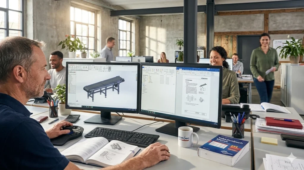 Ingenieur am CAD-Arbeitsplatz bei der Konstruktion eines 3D-Modells für ein Förderbandsystem in einem modernen, hellen Großraumbüro.