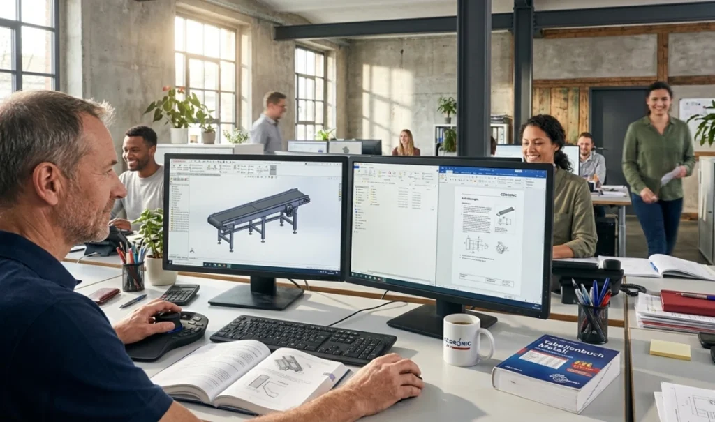 Ingenieur am CAD-Arbeitsplatz bei der Konstruktion eines 3D-Modells für ein Förderbandsystem in einem modernen, hellen Großraumbüro.