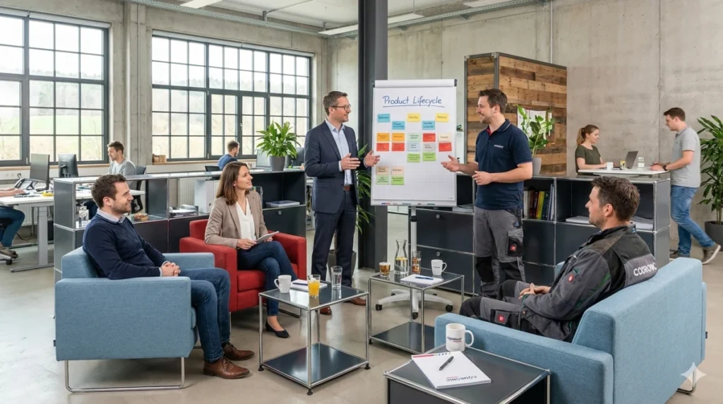 Team-Meeting in modernem Industriebüro zur Erarbeitung eines Product Lifecycles mit Post-its auf einem Whiteboard; Mitarbeiter in Business- und Arbeitskleidung diskutieren Konzepte und Machbarkeitsstudien in einer kooperativen Arbeitsatmosphäre.