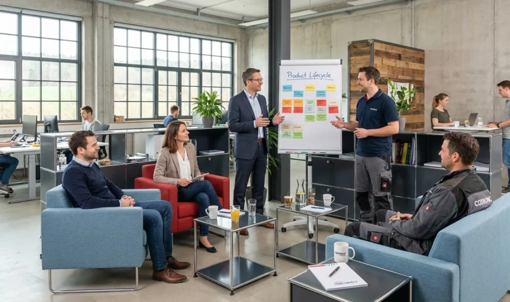 Team-Meeting in modernem Industriebüro zur Erarbeitung eines Product Lifecycles mit Post-its auf einem Whiteboard; Mitarbeiter in Business- und Arbeitskleidung diskutieren Konzepte und Machbarkeitsstudien in einer kooperativen Arbeitsatmosphäre.
