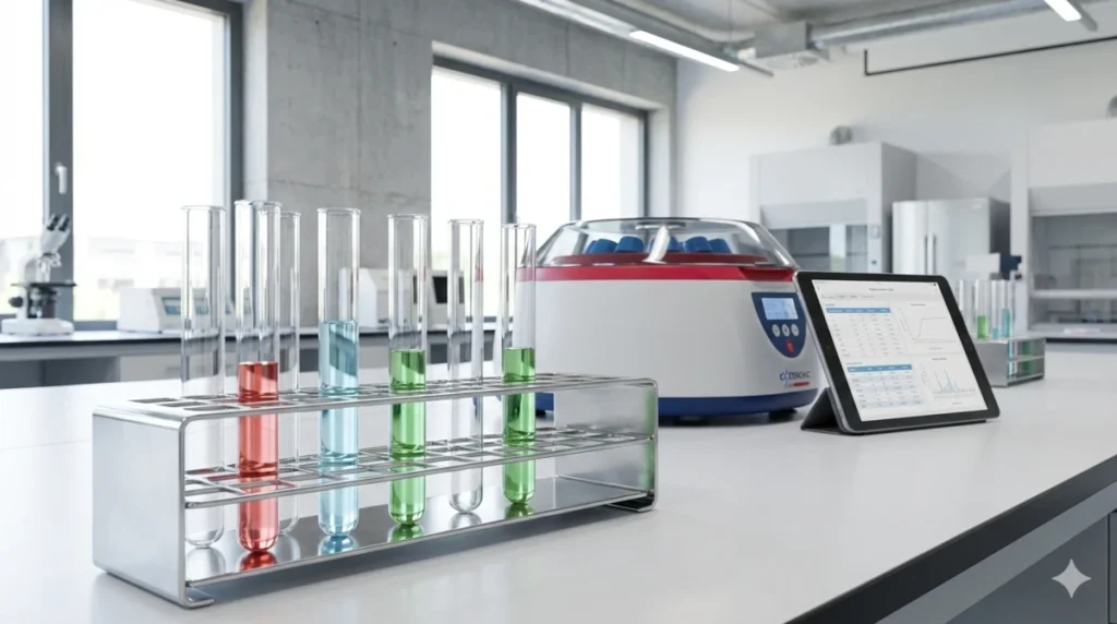 Moderne Labortechnik mit farbigen Reagenzgläsern, einer Laborzentrifuge und digitaler Datenauswertung auf einem Tablet in einer hellen Laborumgebung.