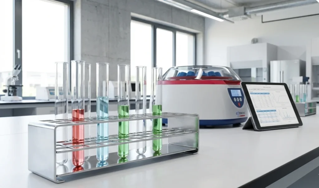 Moderne Labortechnik mit farbigen Reagenzgläsern, einer Laborzentrifuge und digitaler Datenauswertung auf einem Tablet in einer hellen Laborumgebung.