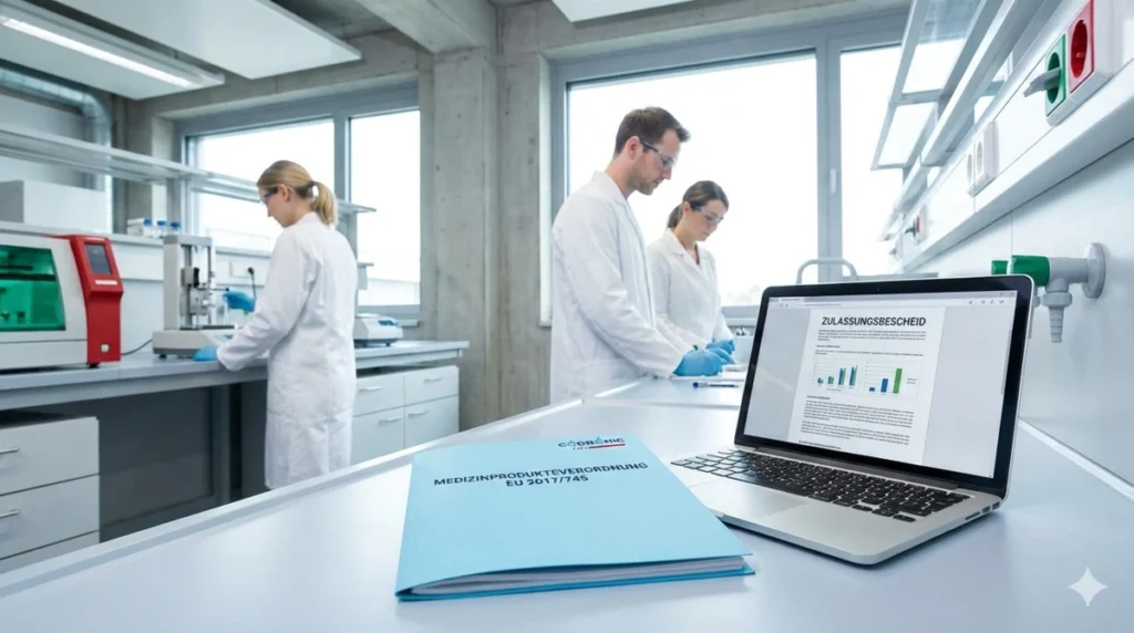 Laptop mit Zulassungsbescheid und MDR-Unterlagen zur Medizinprodukteverordnung EU 2017/745 in einem modernen Labor mit Fachpersonal.