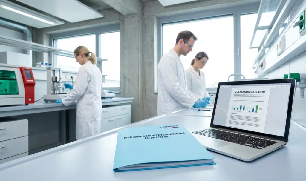 Laptop mit Zulassungsbescheid und MDR-Unterlagen zur Medizinprodukteverordnung EU 2017/745 in einem modernen Labor mit Fachpersonal.