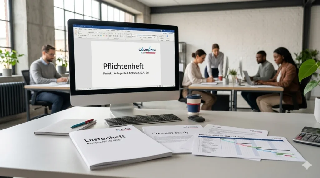 Dokumente für Lastenheft und Pflichtenheft eines Engineering-Projekts auf einem Schreibtisch mit Monitor, Projektplan als Gantt-Chart und modernem Büro-Hintergrund.