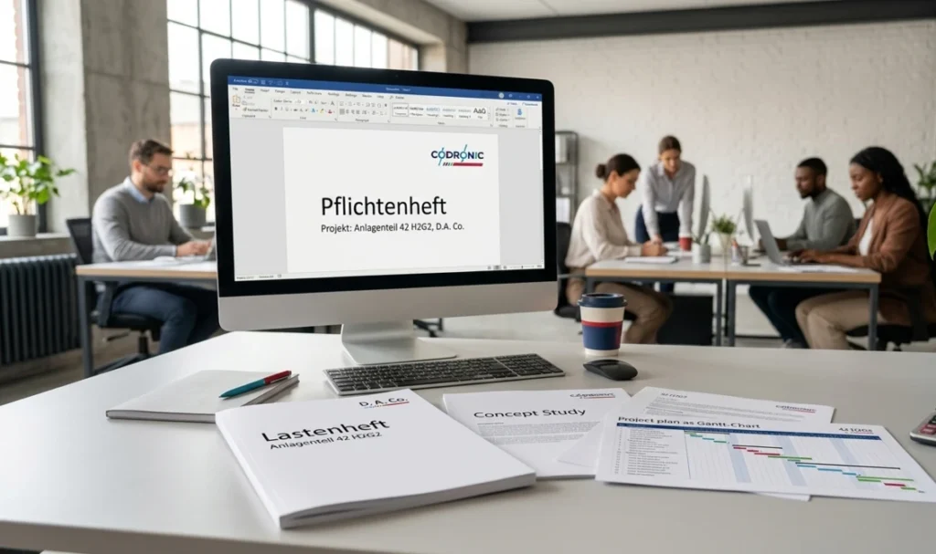 Dokumente für Lastenheft und Pflichtenheft eines Engineering-Projekts auf einem Schreibtisch mit Monitor, Projektplan als Gantt-Chart und modernem Büro-Hintergrund.