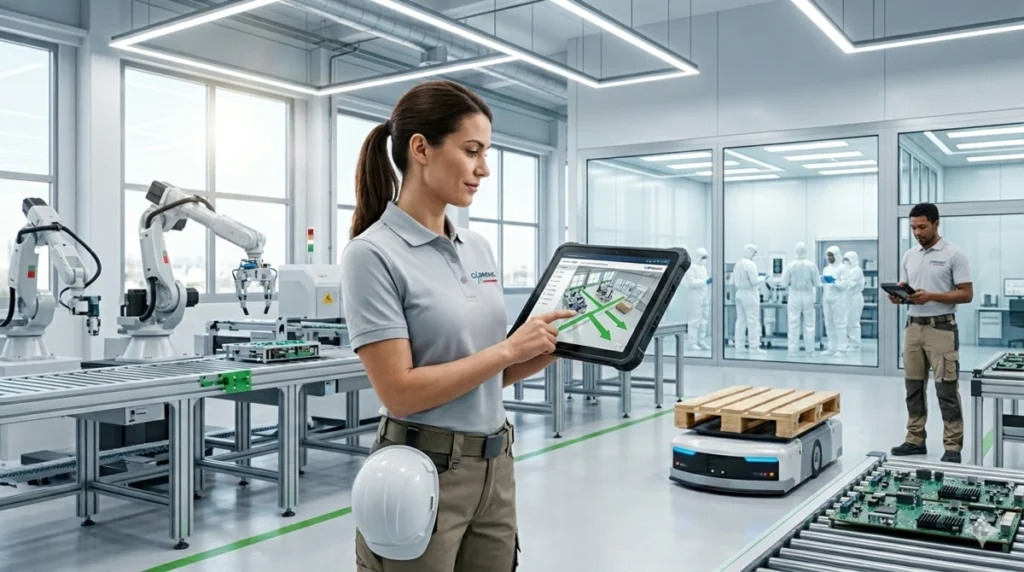 Mitarbeiterin in Codronic-Arbeitskleidung bedient ein robustes Tablet zur Steuerung und Überwachung einer modernen Industrie 4.0-Fertigung mit Robotern und fahrerlosen Transportsystemen (AGV).