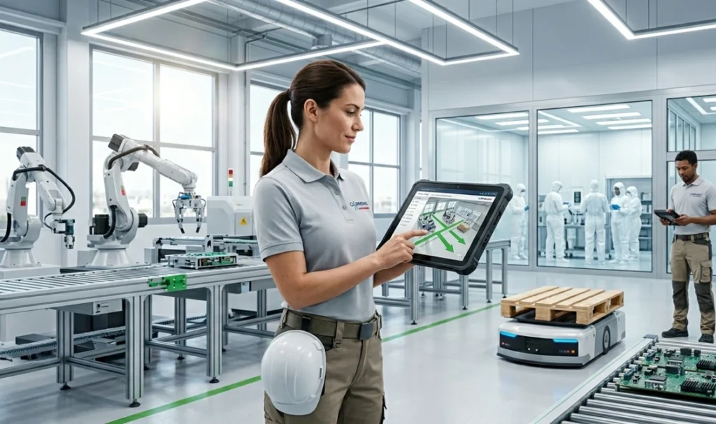 Mitarbeiterin in Codronic-Arbeitskleidung bedient ein robustes Tablet zur Steuerung und Überwachung einer modernen Industrie 4.0-Fertigung mit Robotern und fahrerlosen Transportsystemen (AGV).