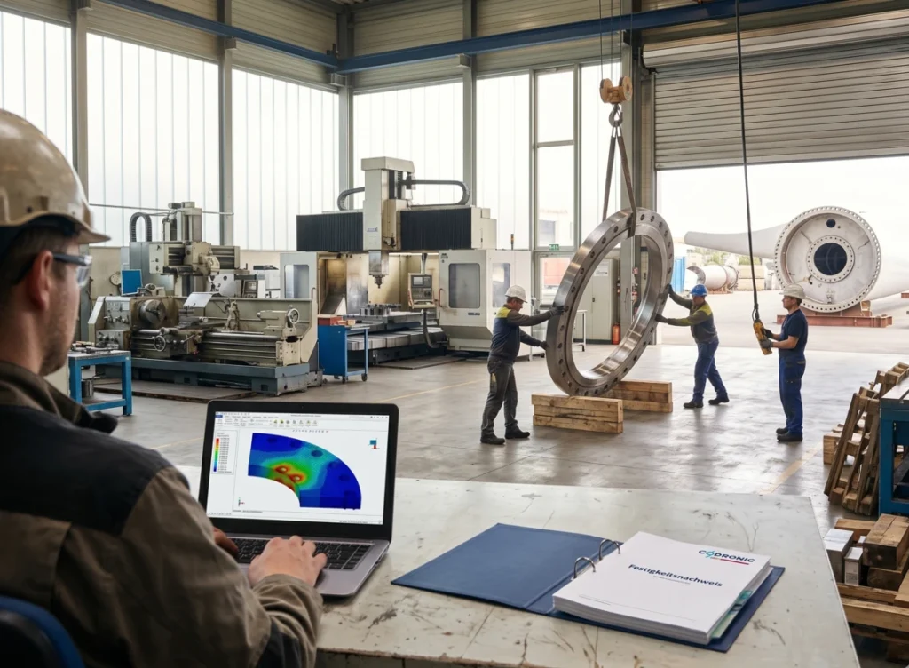 Ein Ingenieur betrachtet am Laptop eine Festigkeitsanalyse eines großen Flanschrings für eine Windkraftanlage. Neben ihm liegt ein von Codronic erstellter Festigkeitsnachweis. Im Hintergrund ist eine Fertigungshalle zu sehen, in der gerade ein solcher Flanschring an einem Hallenkran hängt. Durch das geöffnete Hallentor sind Rotorflügel einer Windkraftanlage mit ebensolchen Flanschringen zu erkennen.