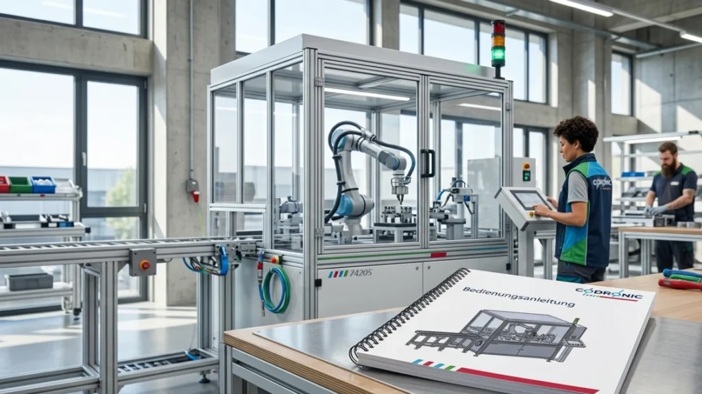 Eine Montagehalle mit einer robotergestützten Montagezelle, im Vordergrund ist die dazugehörige von Codronic erstellte normgerechte Bedienungsanleitung zu sehen.