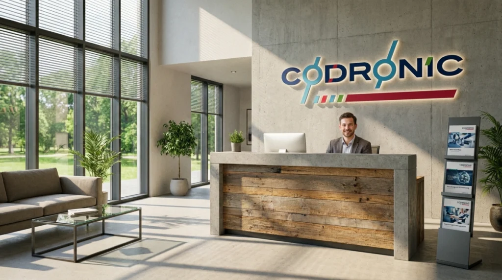 Moderner Empfangsbereich von Codronic mit freundlichem Ansprechpartner am Counter unter dem beleuchteten Firmenlogo
