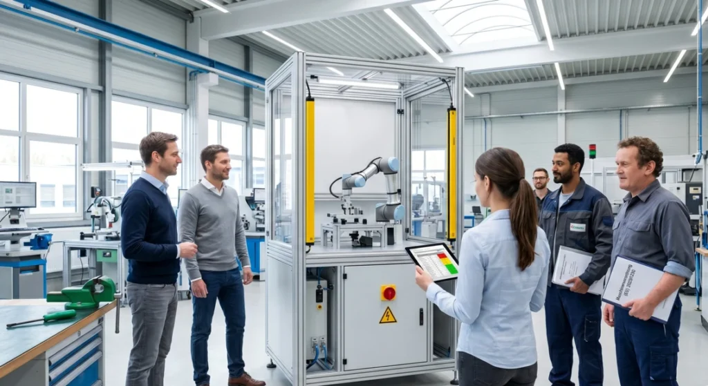 Ingenieure und Techniker begutachten gemeinsam eine robotergestützte Montagezelle mit Sicherheitseinrichtungen in Form eines Lichtvorhangs und diskutieren die Risikobeurteilung auf Basis der Maschinenverordnung (EU) 2023/1230.