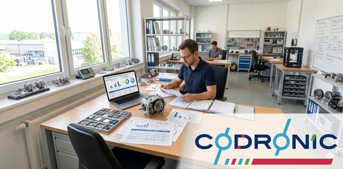 Ingenieur prüft an einem Entwicklungstisch eine technische Baugruppe, Dokumente, Materialproben und ein LCA-Dashboard mit Umweltkennzahlen auf dem Monitor.