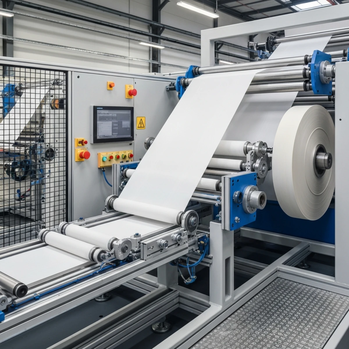 Industrielle Bahnverarbeitungsanlage mit dynamischem Materialspeicher und mäanderförmiger Bahnführung zwischen Abwickelrolle und nachgelagerter Maschine.