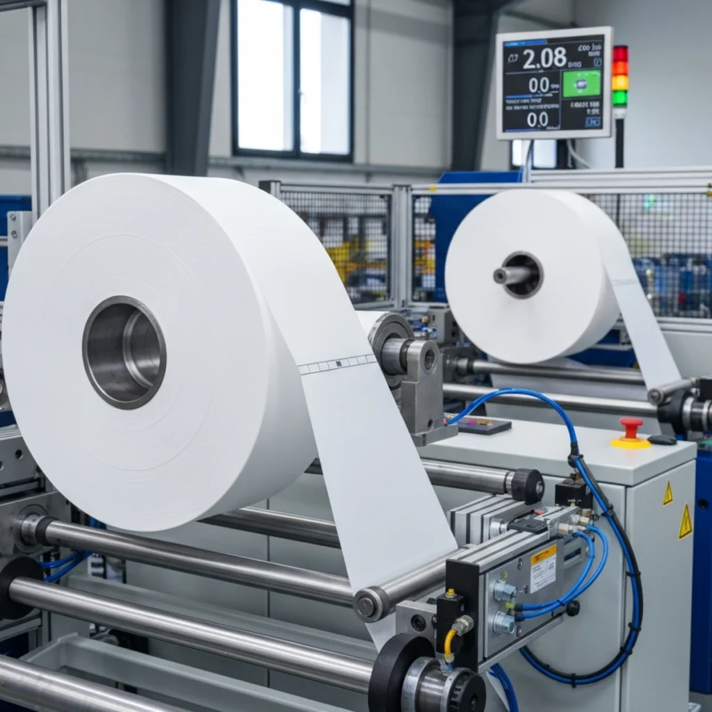 Große Rolle aus weißer technischer Folie auf erweitertem Metallkern an Umwickelstation mit Führungsrollen, Sensorik und Spleißmodul.